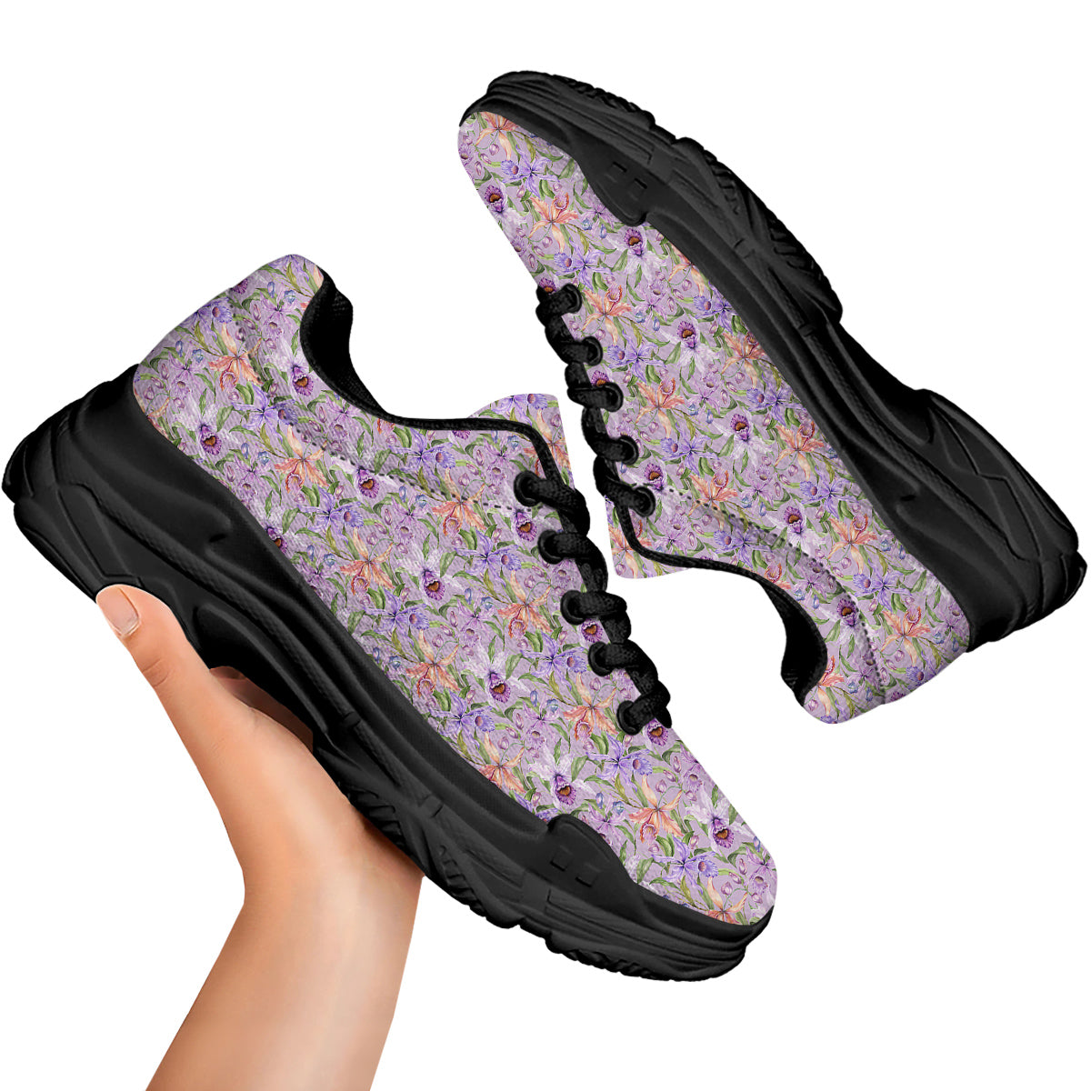 Cattleya Colorful Watercolor Print Black Chunky Shoes-grizzshop