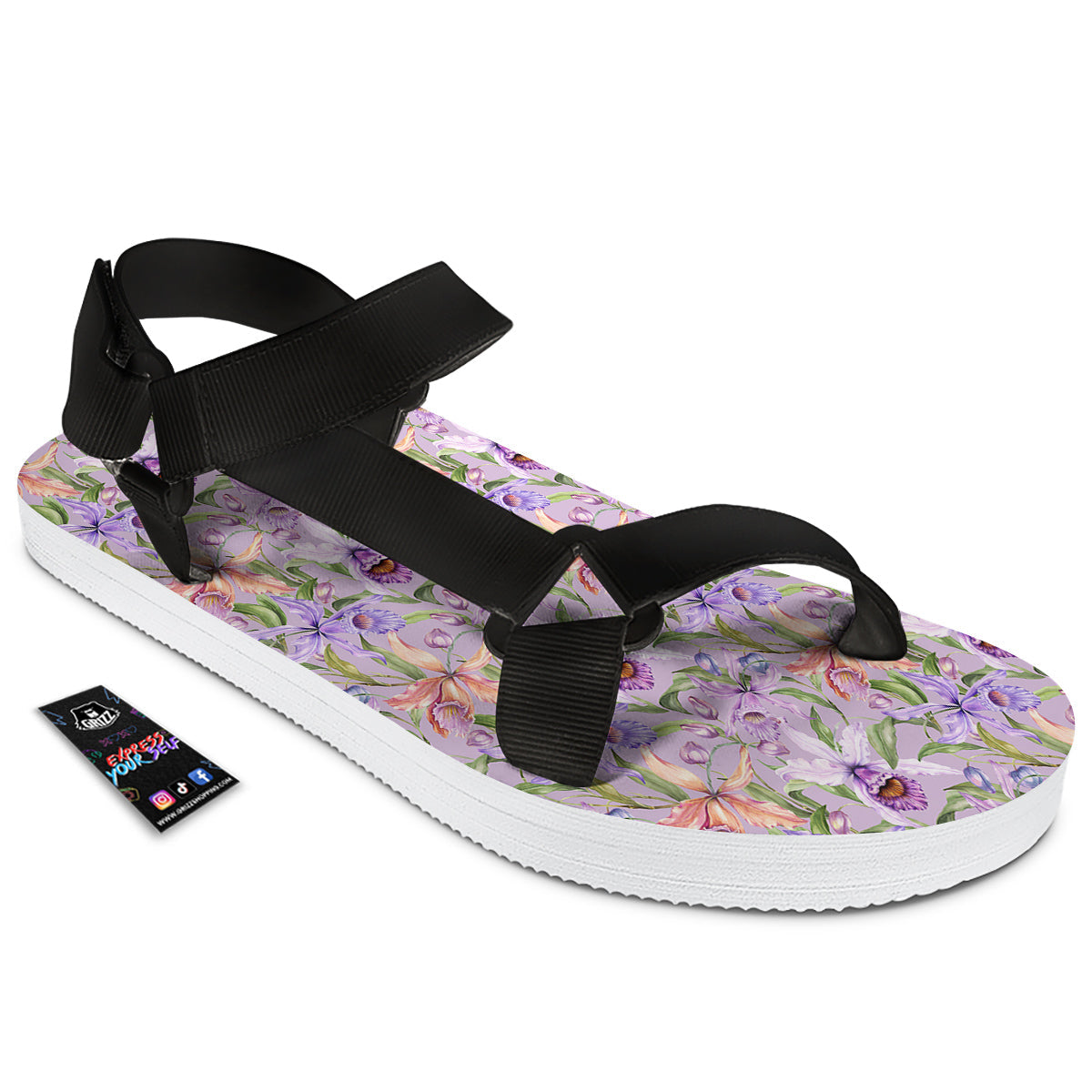 Cattleya Colorful Watercolor Print Black Open Toe Sandals-grizzshop