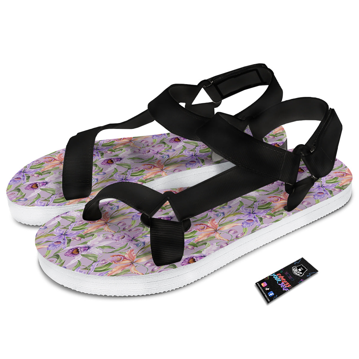 Cattleya Colorful Watercolor Print Black Open Toe Sandals-grizzshop