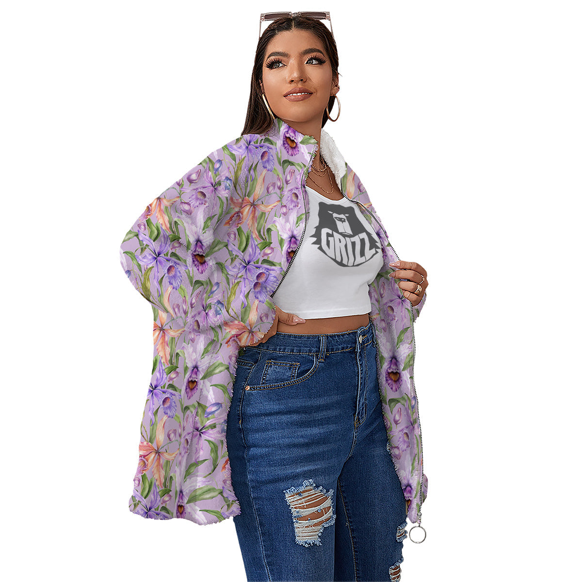 Cattleya Colorful Watercolor Print Women's Sherpa Jacket-grizzshop