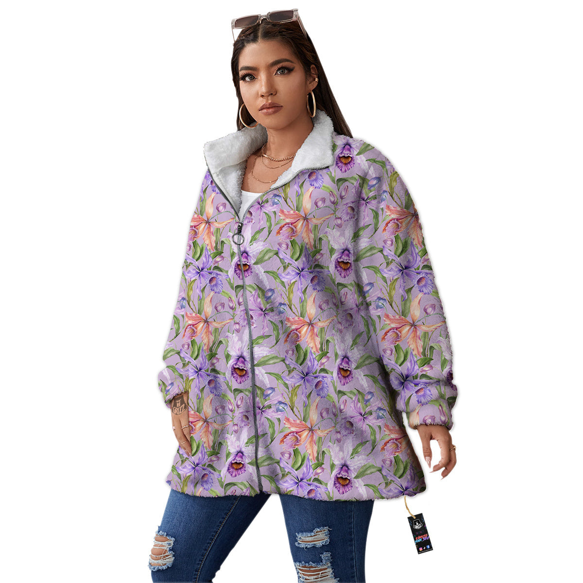 Cattleya Colorful Watercolor Print Women's Sherpa Jacket-grizzshop