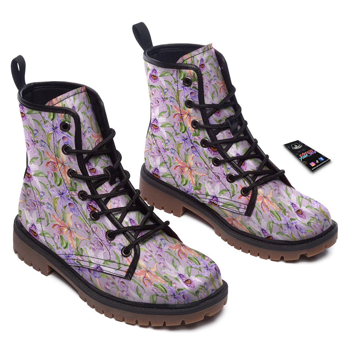 Cattleya Colorful Watercolor Print Work Boots-grizzshop