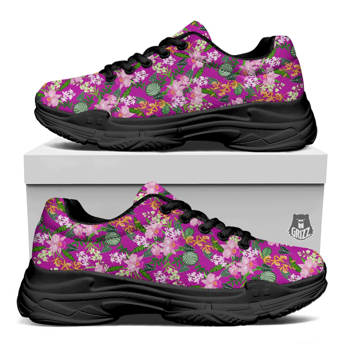 Cattleya Tropical Print Pattern Black Chunky Shoes-grizzshop