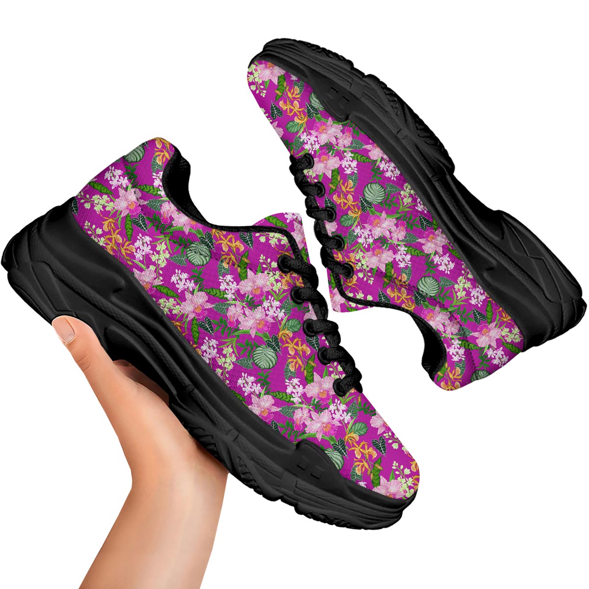 Cattleya Tropical Print Pattern Black Chunky Shoes-grizzshop