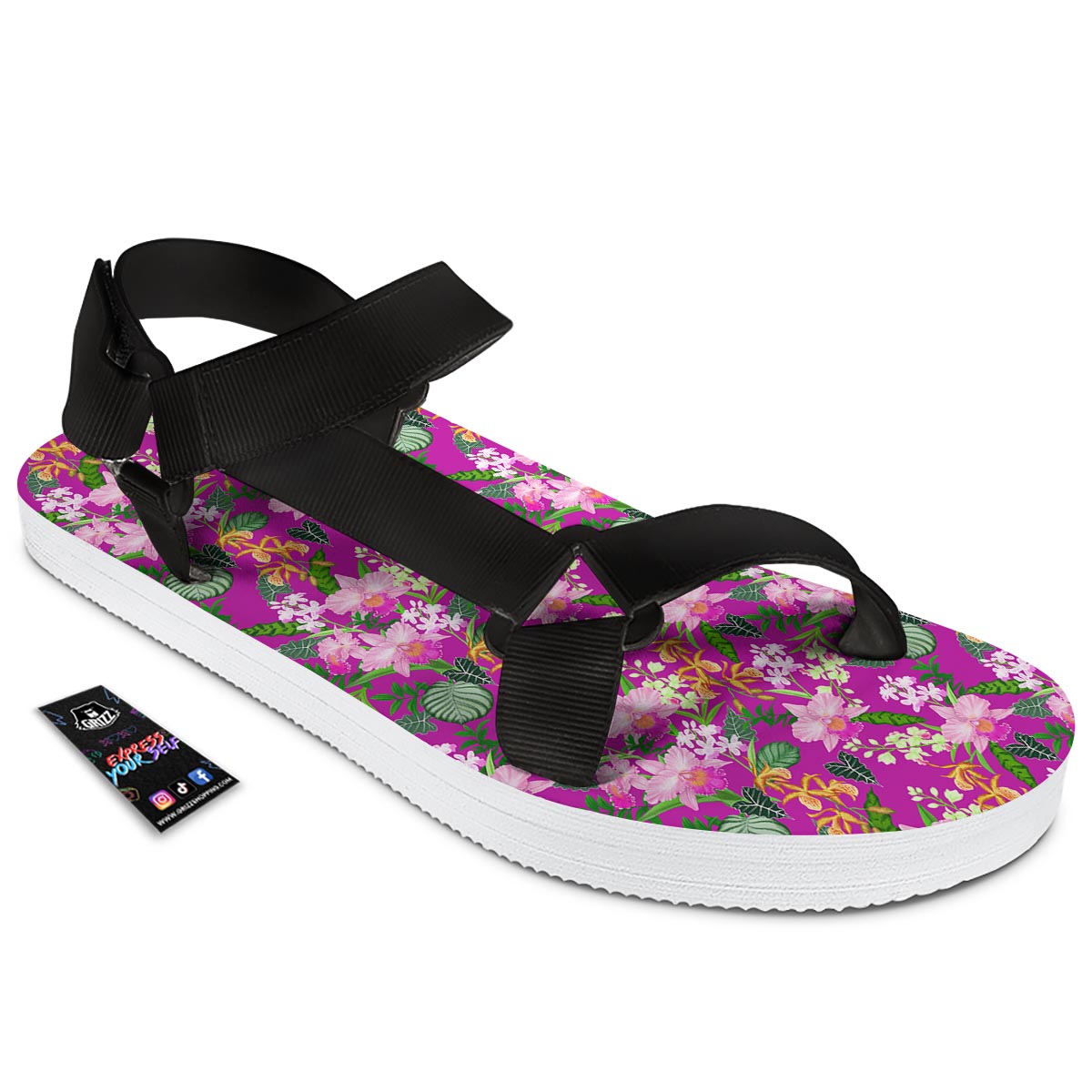 Cattleya Tropical Print Pattern Black Open Toe Sandals-grizzshop