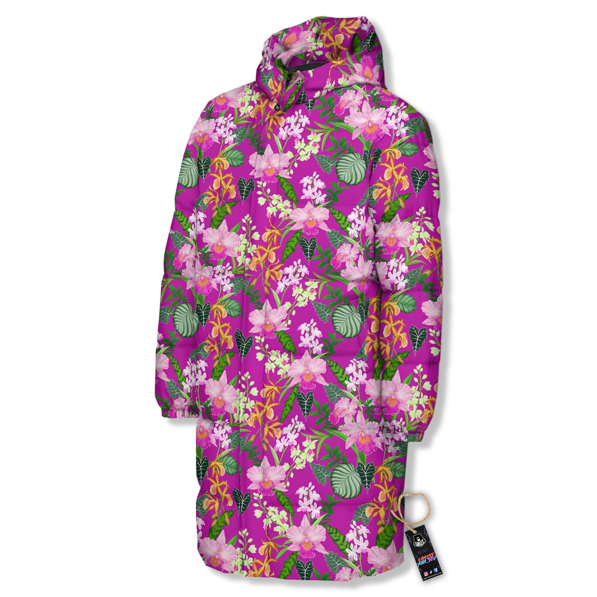 Cattleya Tropical Print Pattern Long Down Jacket-grizzshop