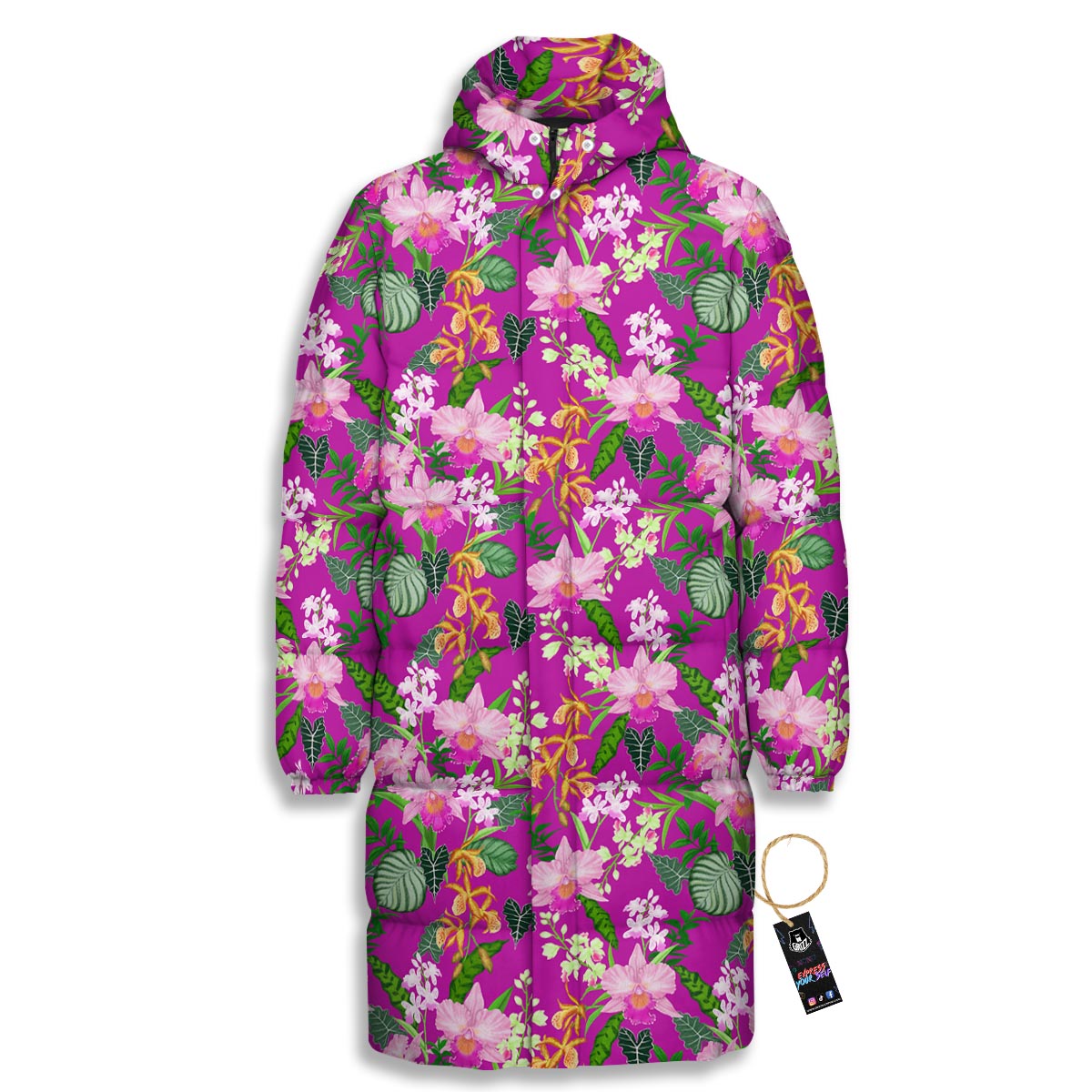 Cattleya Tropical Print Pattern Long Down Jacket-grizzshop