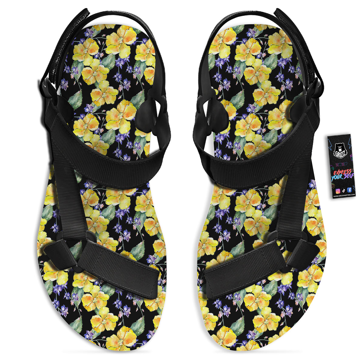 Cattleya Watercolor Print Pattern Black Open Toe Sandals-grizzshop
