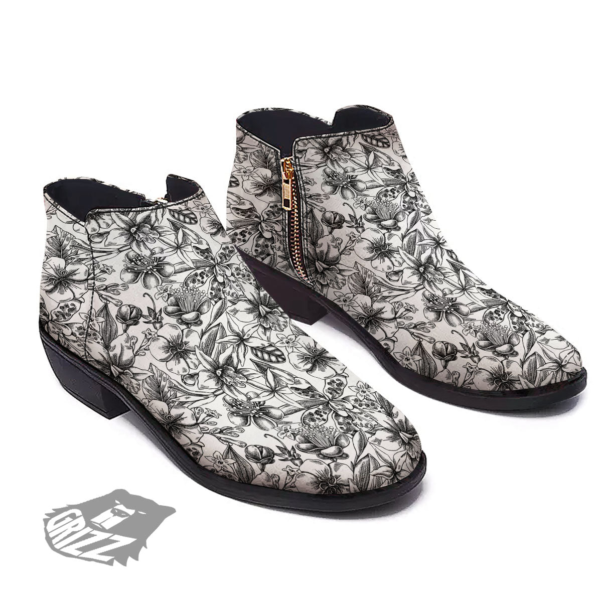 Cattleya White And Black Print Pattern Ankle Boots-grizzshop