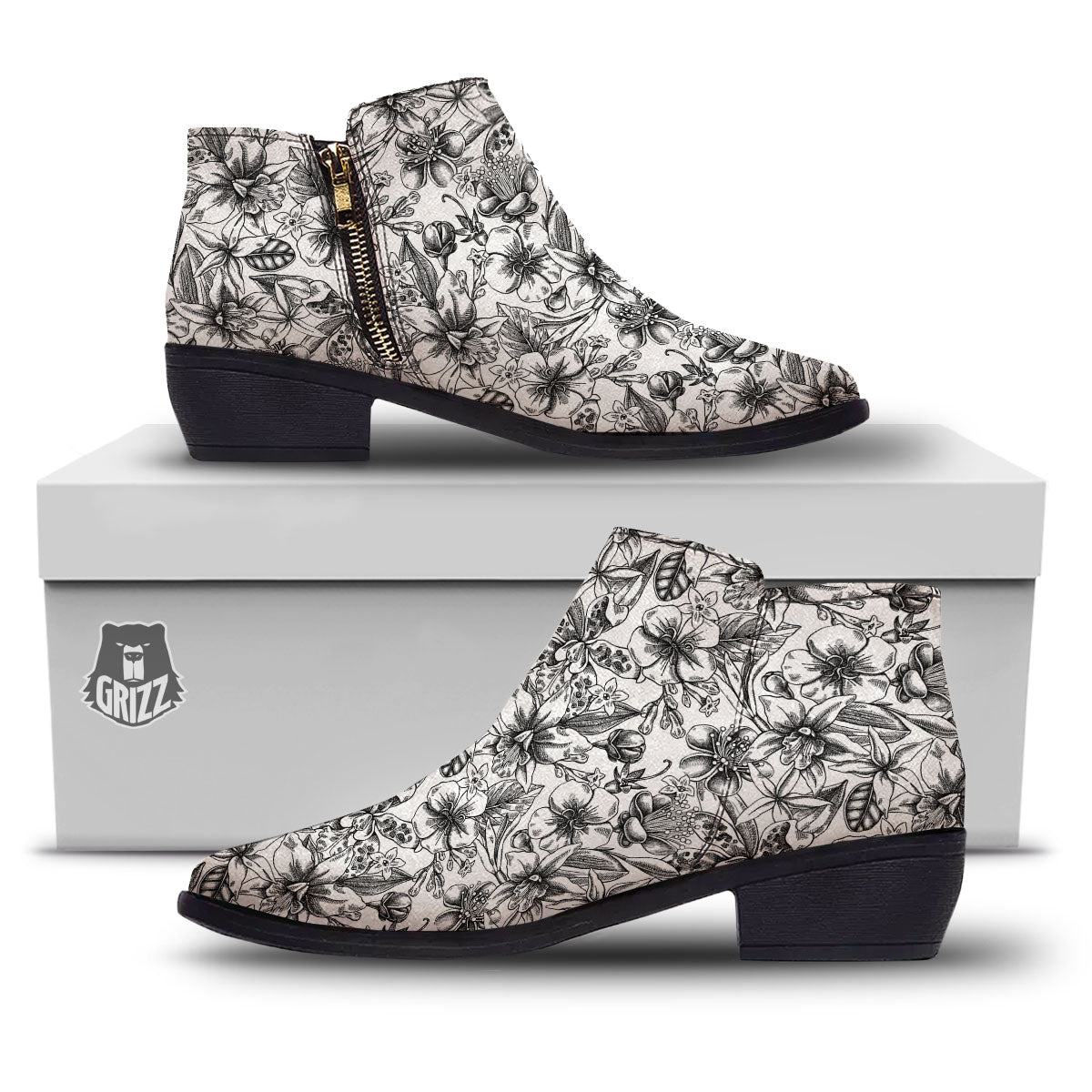 Cattleya White And Black Print Pattern Ankle Boots-grizzshop
