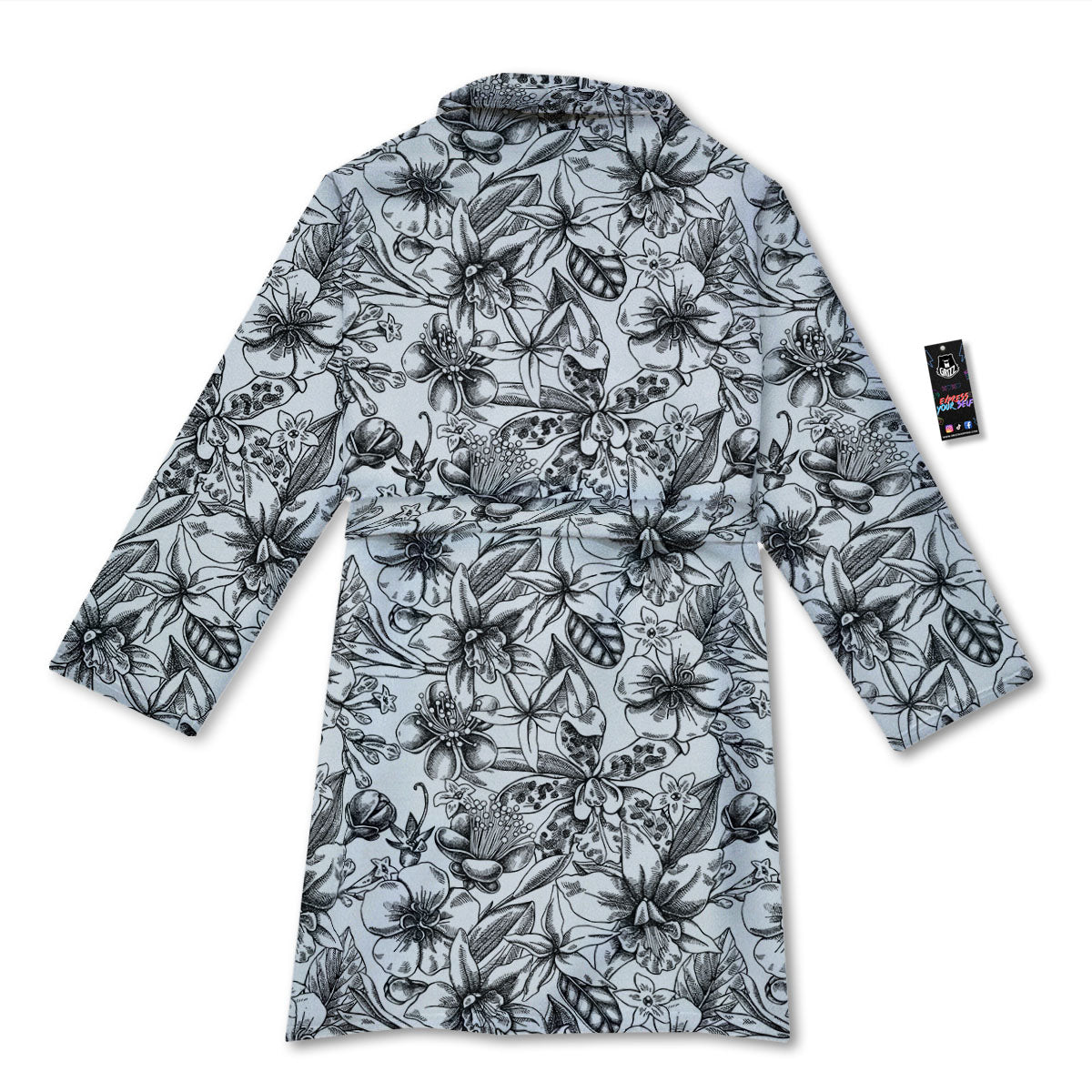 Cattleya White And Black Print Pattern Bathrobe-grizzshop