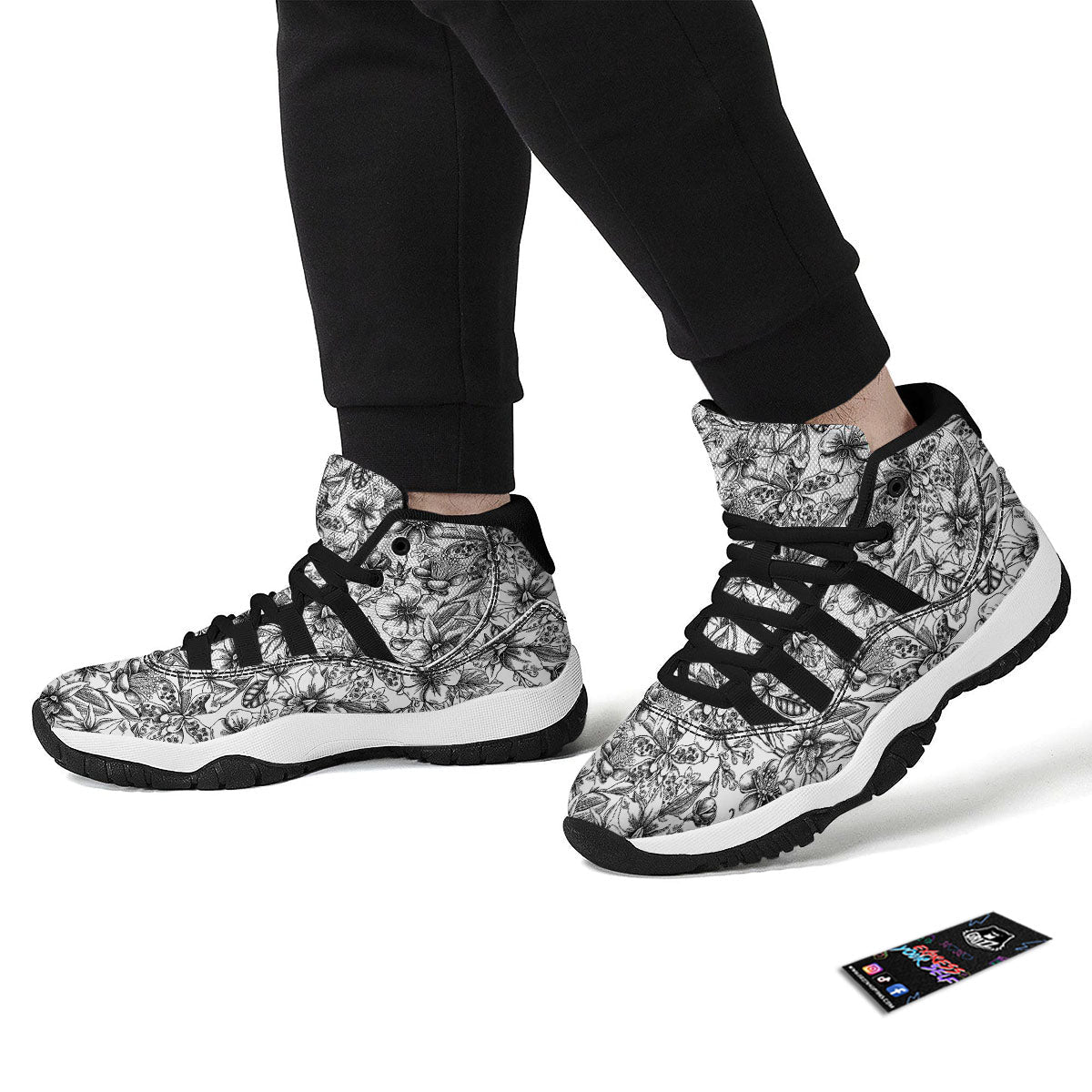 Cattleya White And Black Print Pattern Black Bball Shoes-grizzshop