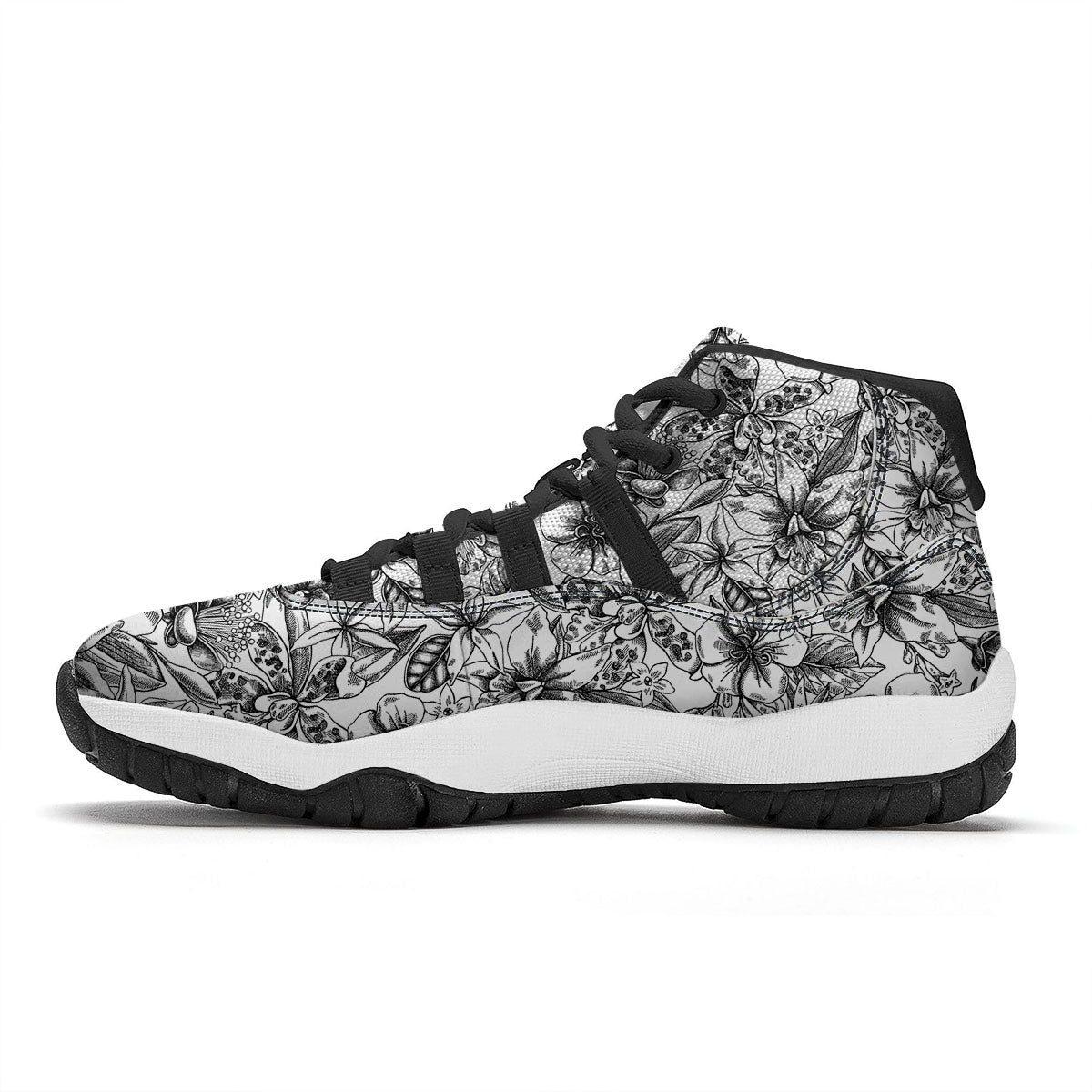 Cattleya White And Black Print Pattern Black Bball Shoes-grizzshop