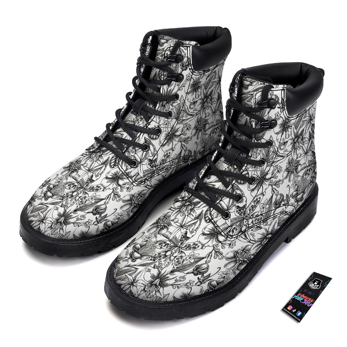 Cattleya White And Black Print Pattern Boots-grizzshop