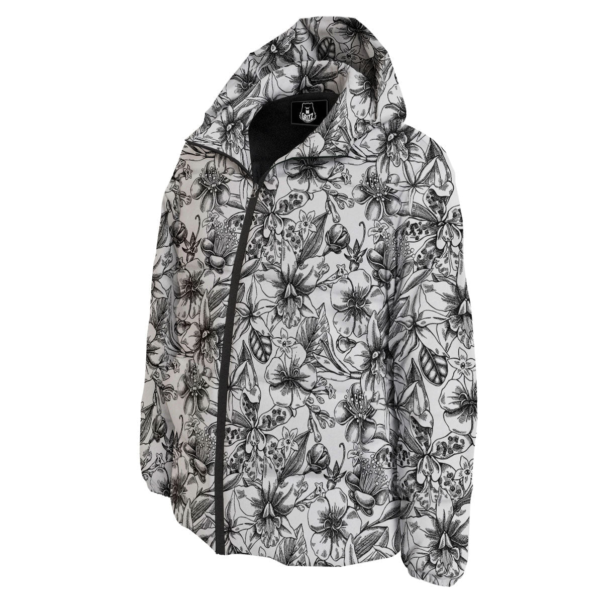Cattleya White And Black Print Pattern Down Jacket-grizzshop