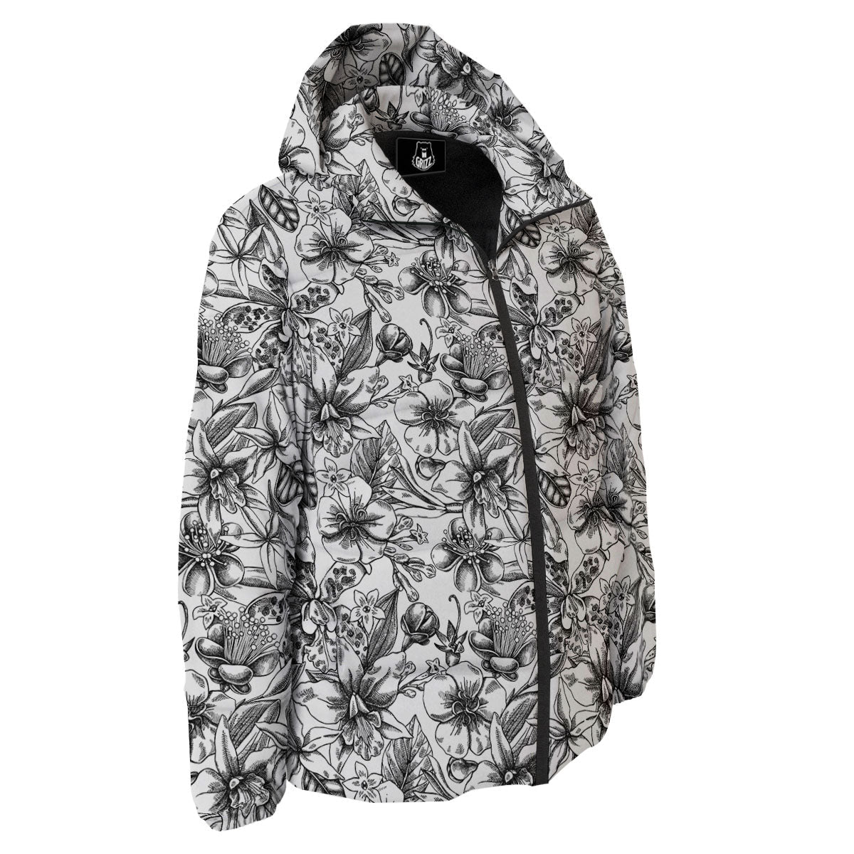 Cattleya White And Black Print Pattern Down Jacket-grizzshop