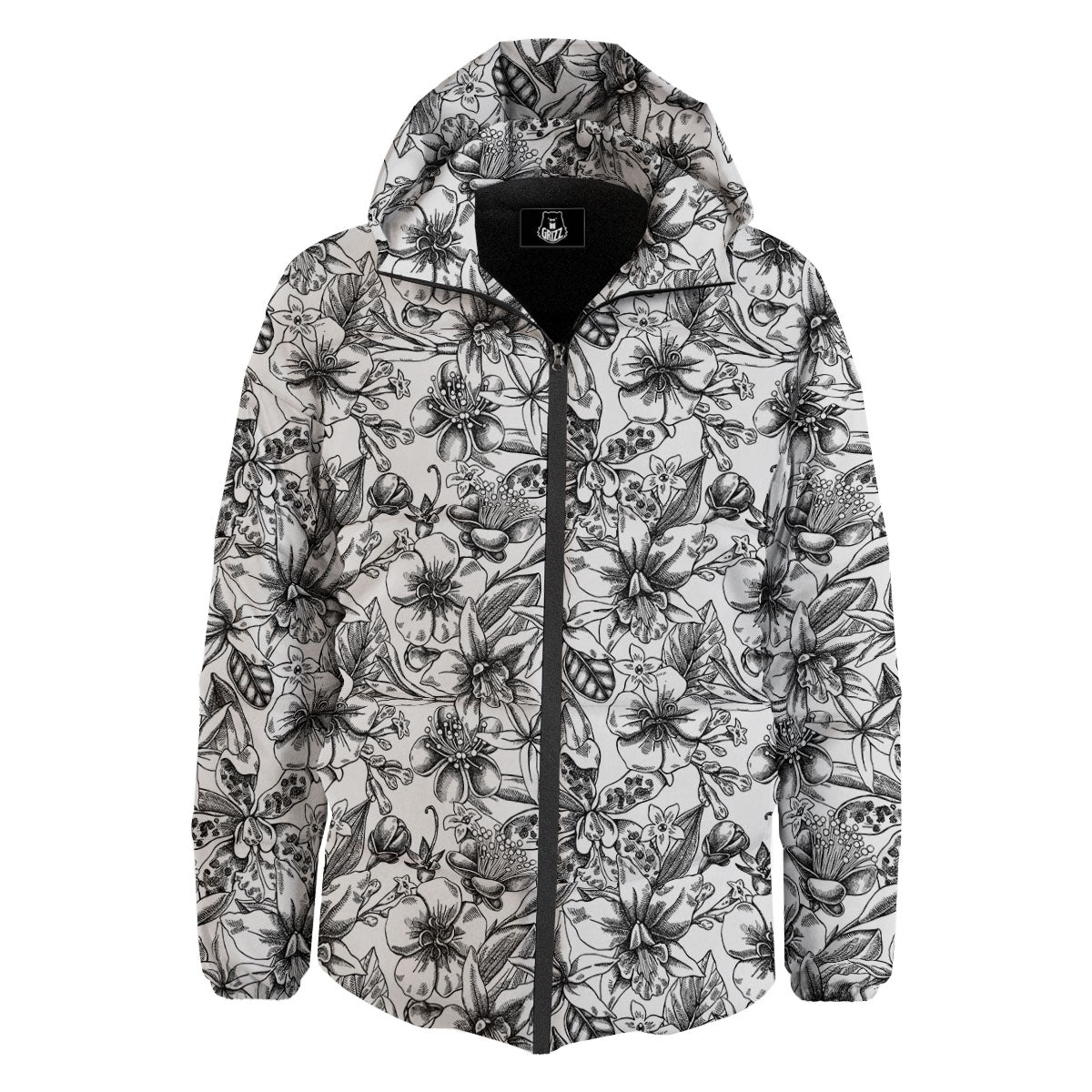 Cattleya White And Black Print Pattern Down Jacket-grizzshop