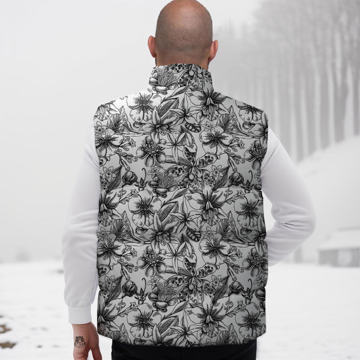 Cattleya White And Black Print Pattern Down Vest