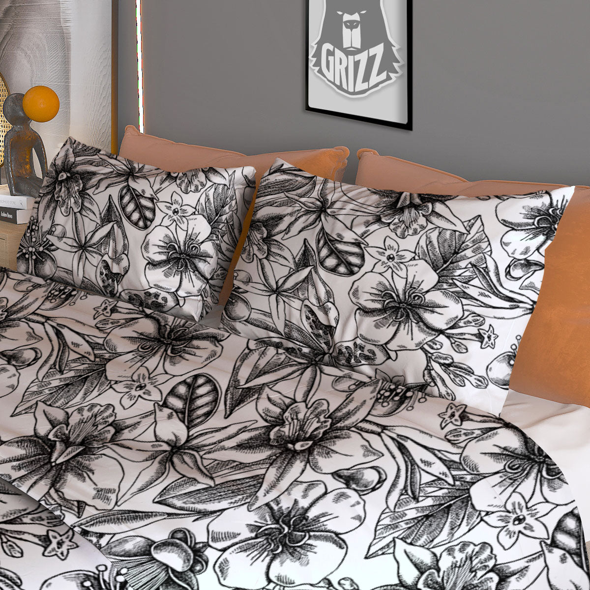Cattleya White And Black Print Pattern Duvet Cover Bedding Set