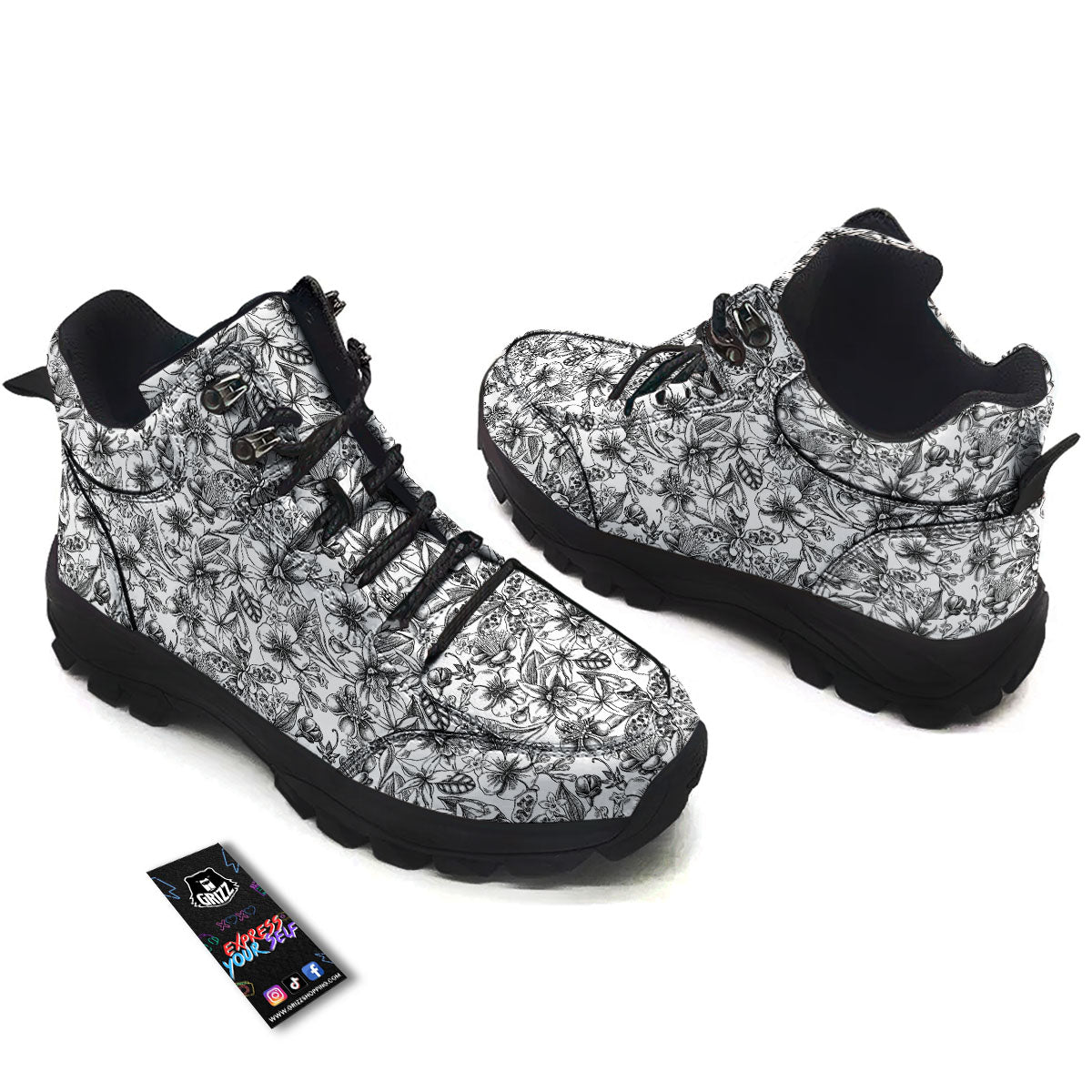 Cattleya White And Black Print Pattern Hiking Shoes-grizzshop
