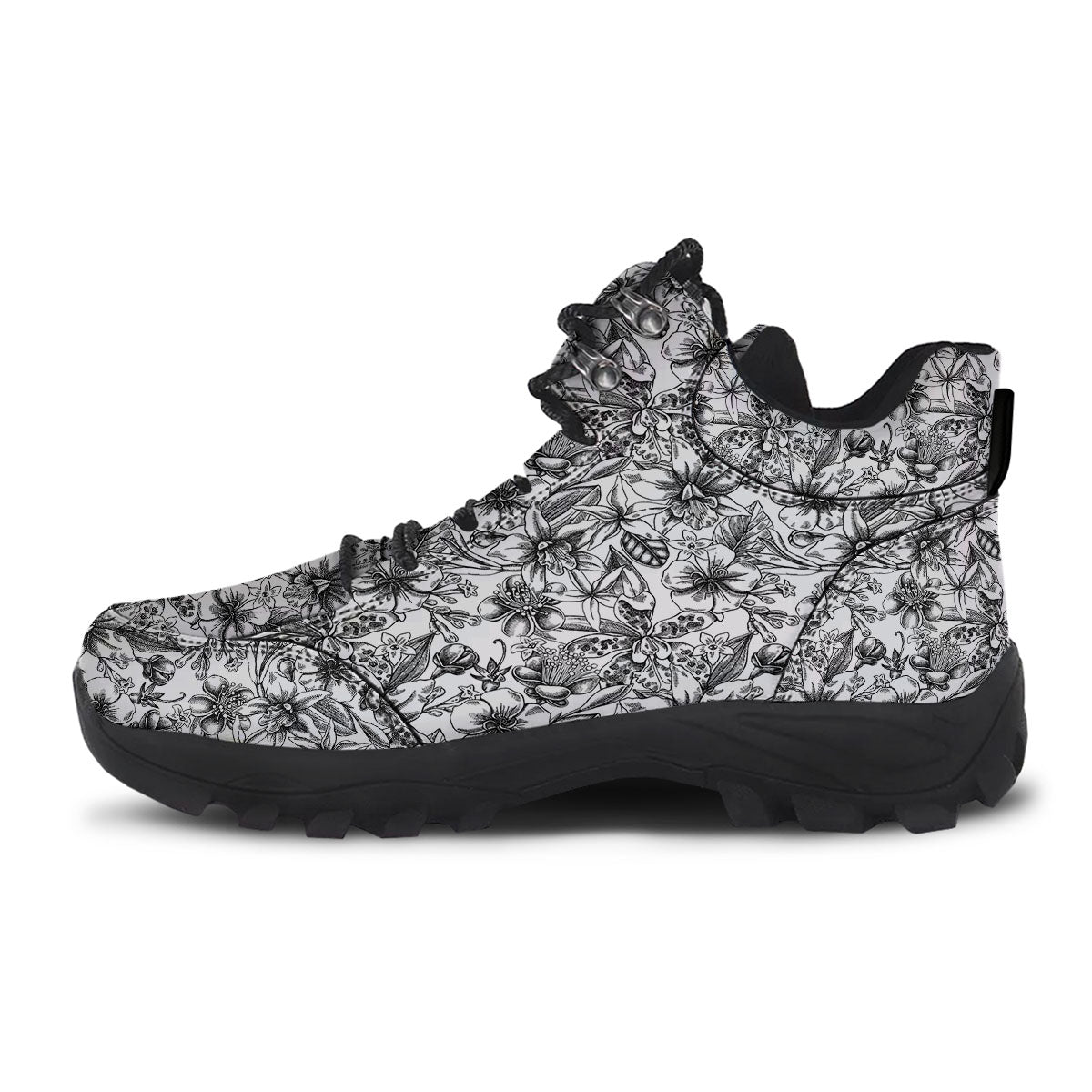 Cattleya White And Black Print Pattern Hiking Shoes-grizzshop