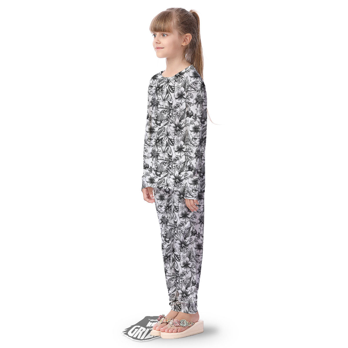 Cattleya White And Black Print Pattern Kid's Pajamas-grizzshop
