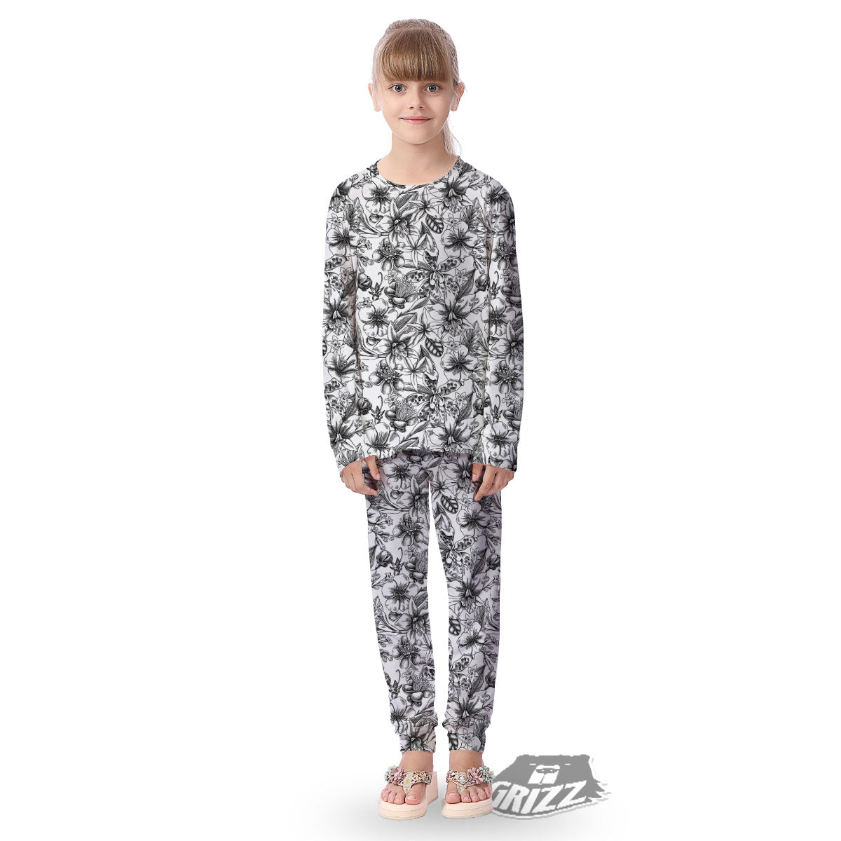Cattleya White And Black Print Pattern Kid's Pajamas-grizzshop