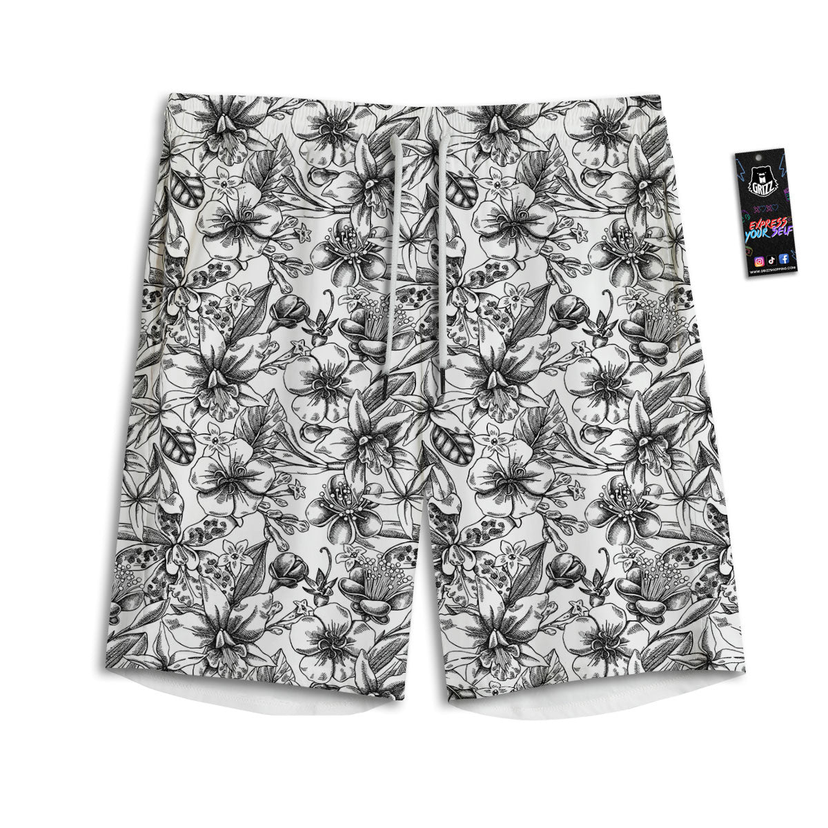 Cattleya White And Black Print Pattern Men's Athletic Shorts