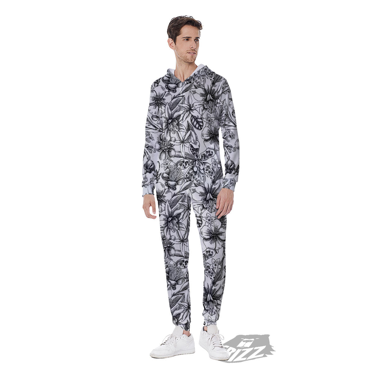 Cattleya White And Black Print Pattern Men's Jumpsuit-grizzshop