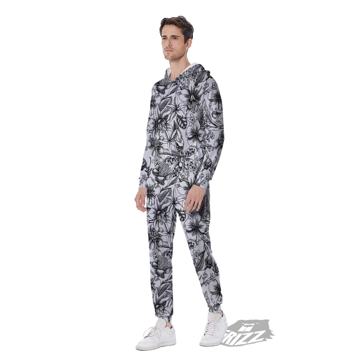 Cattleya White And Black Print Pattern Men's Jumpsuit-grizzshop
