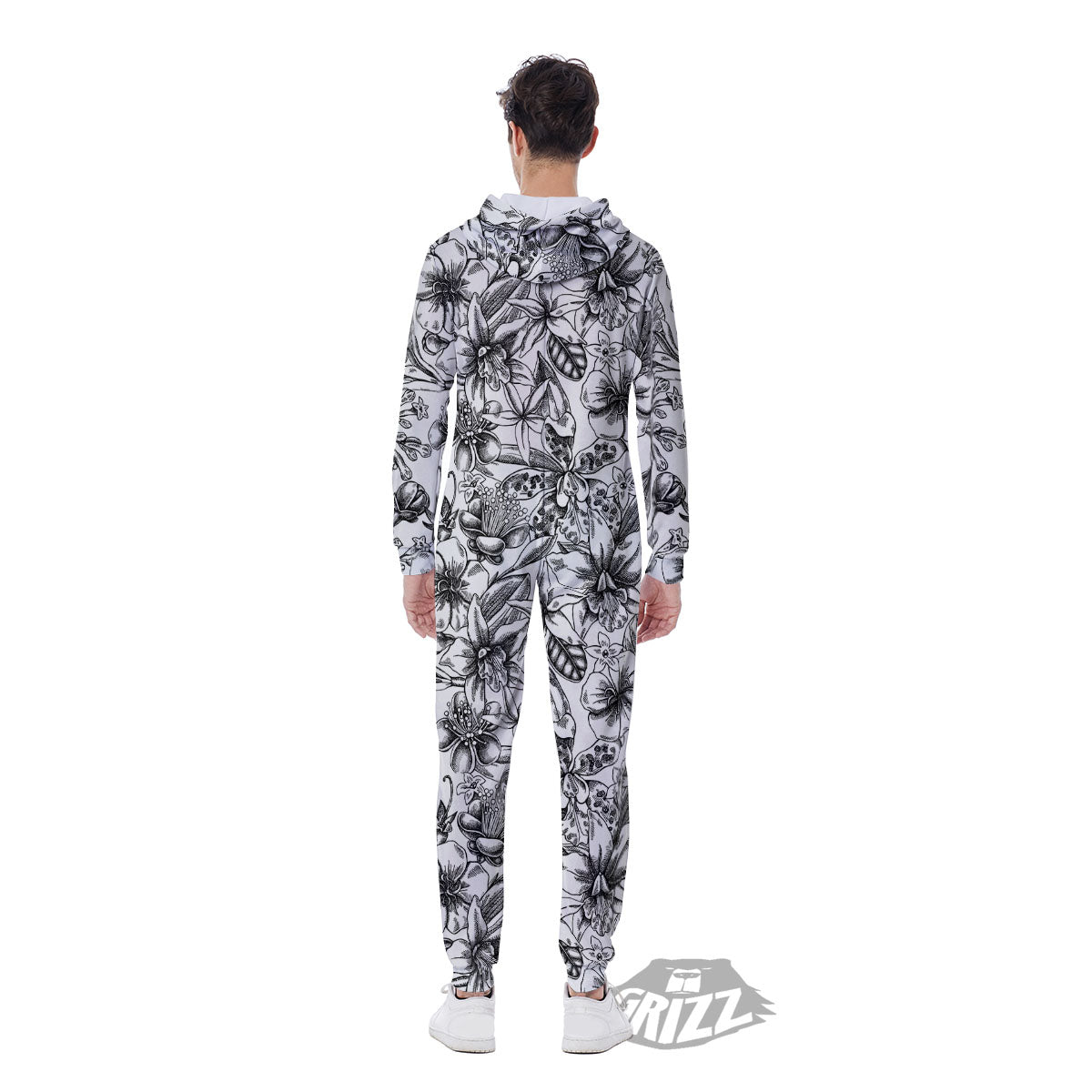 Cattleya White And Black Print Pattern Men's Jumpsuit-grizzshop