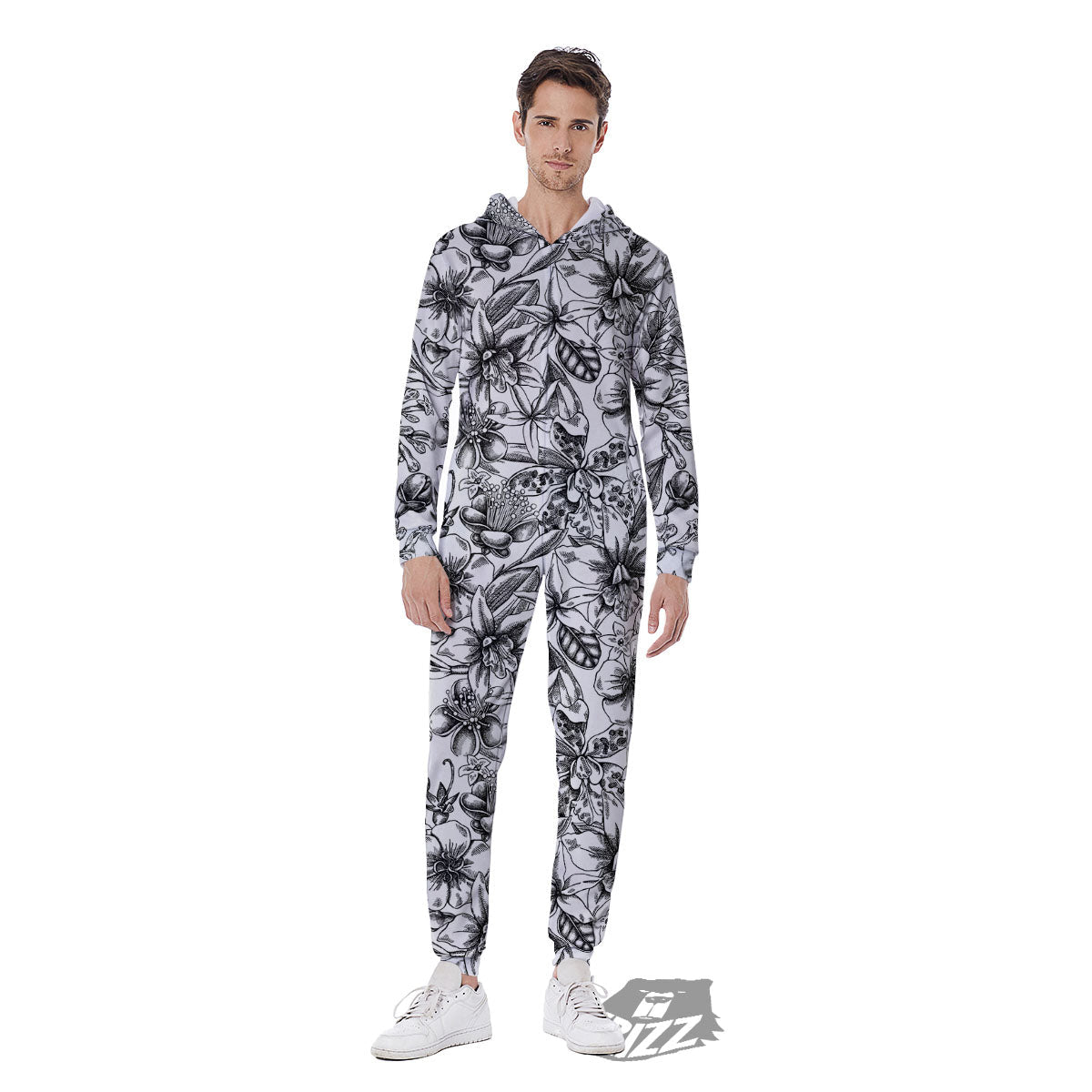 Cattleya White And Black Print Pattern Men's Jumpsuit-grizzshop
