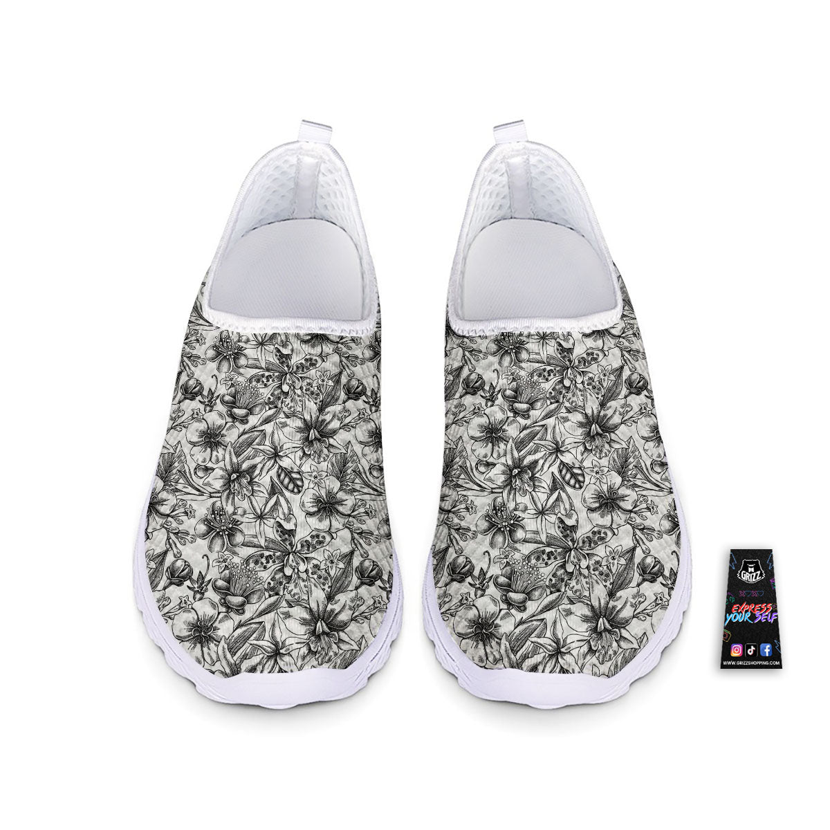 Cattleya White And Black Print Pattern Nurse Shoes-grizzshop