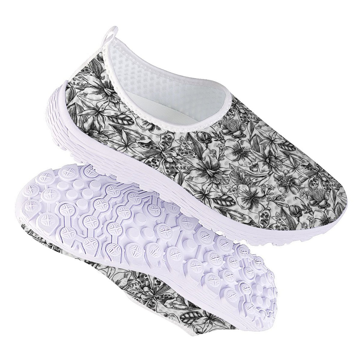 Cattleya White And Black Print Pattern Nurse Shoes-grizzshop