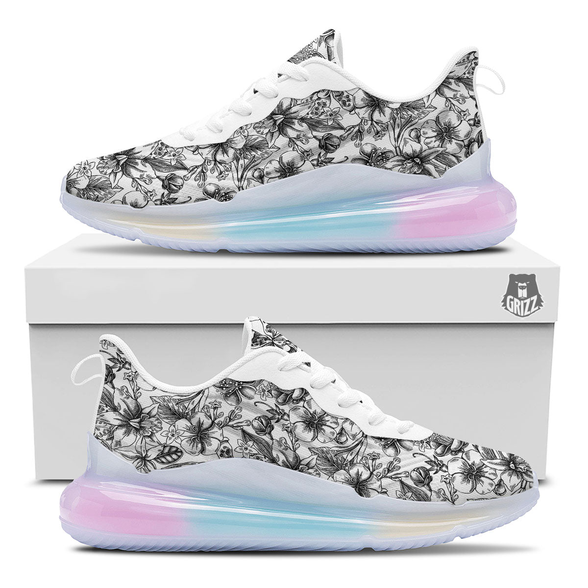 Cattleya White And Black Print Pattern Running Sneakers-grizzshop