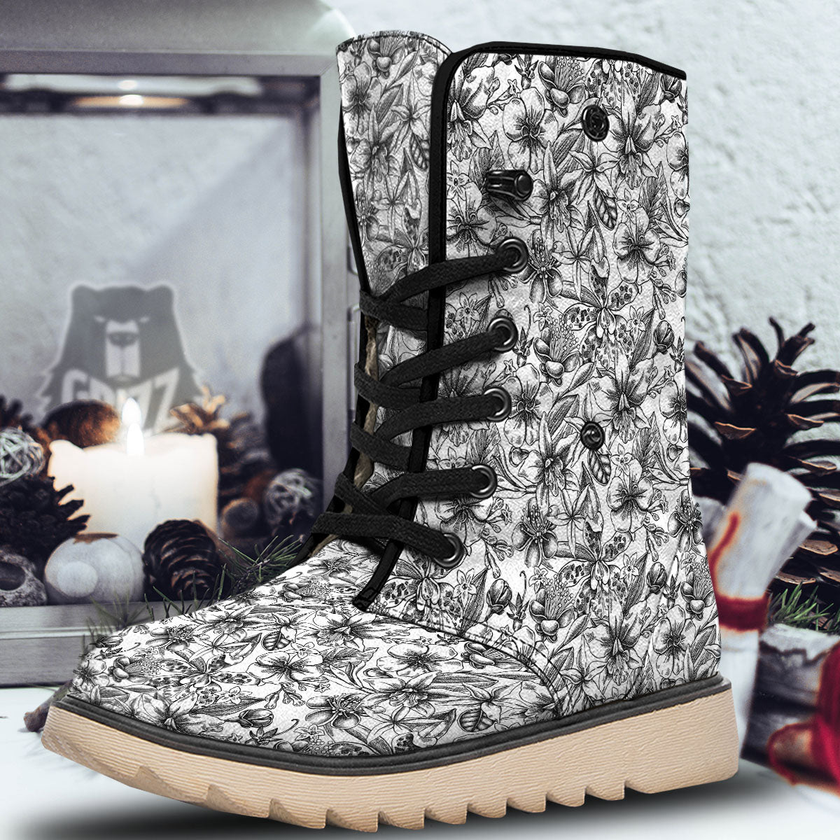 Cattleya White And Black Print Pattern Snow Boots-grizzshop