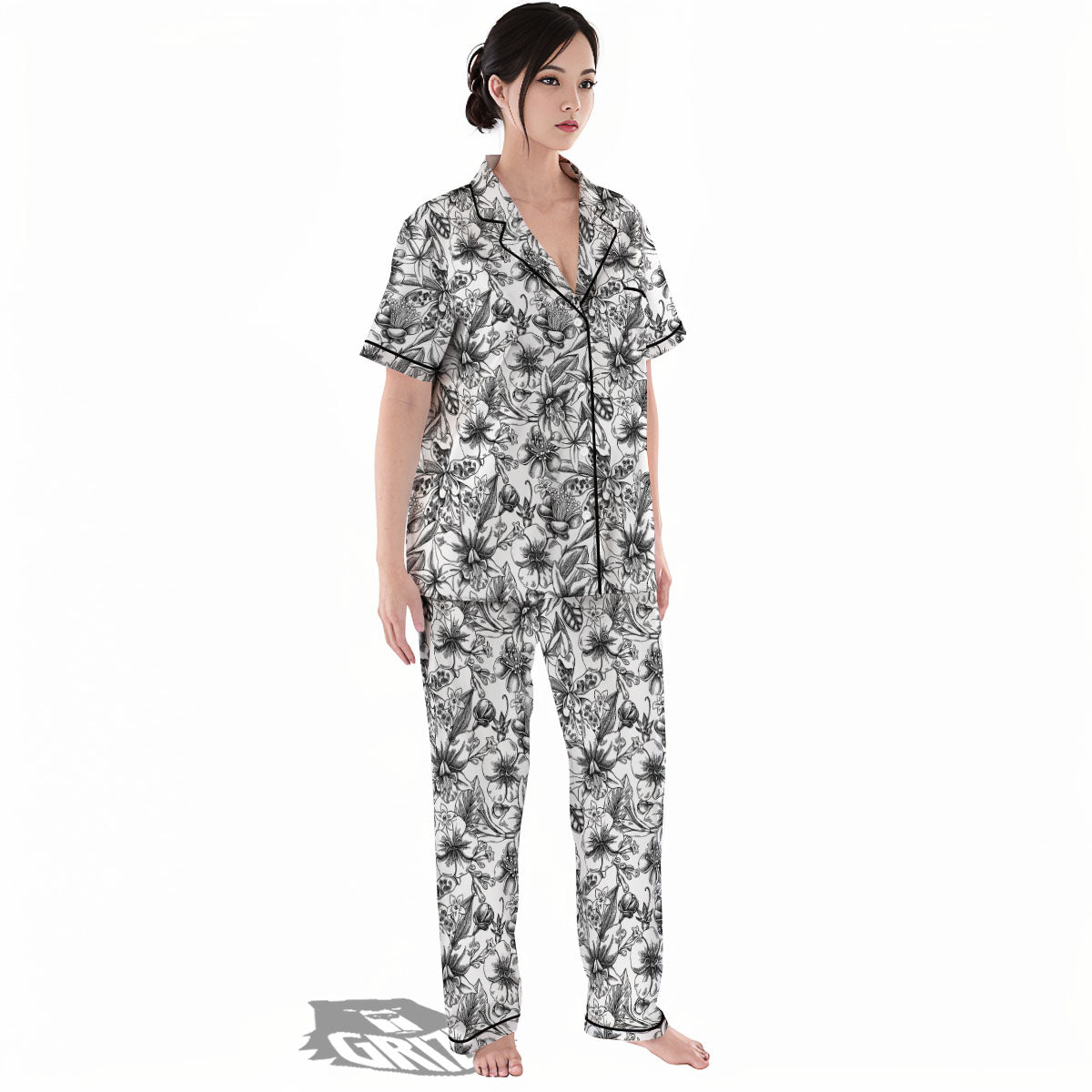 Cattleya White And Black Print Pattern Women's Pajamas Set-grizzshop
