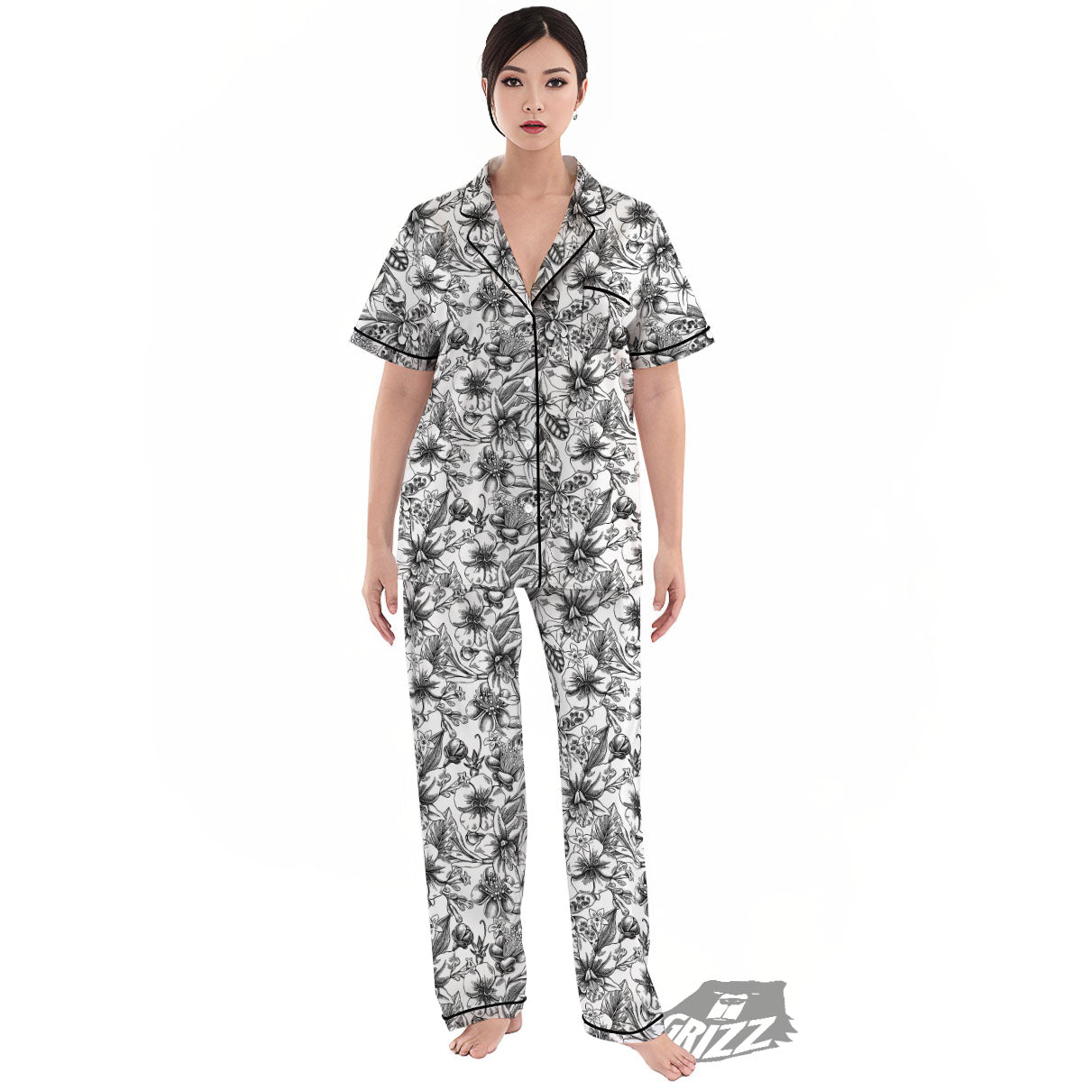 Cattleya White And Black Print Pattern Women's Pajamas Set-grizzshop