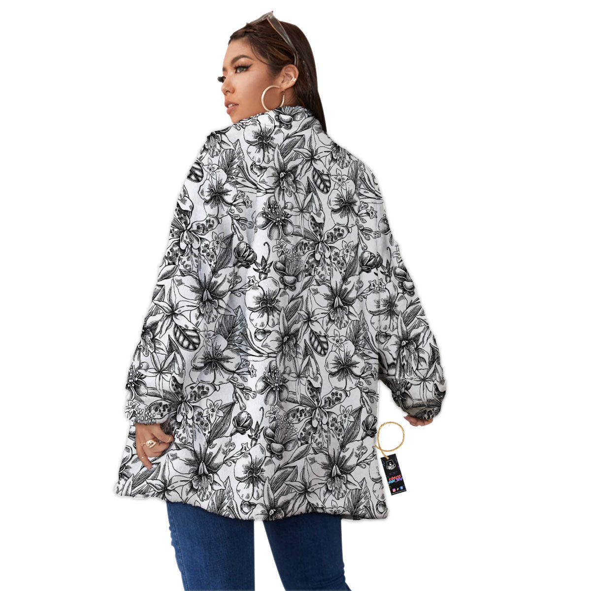 Cattleya White And Black Print Pattern Women's Sherpa Jacket-grizzshop