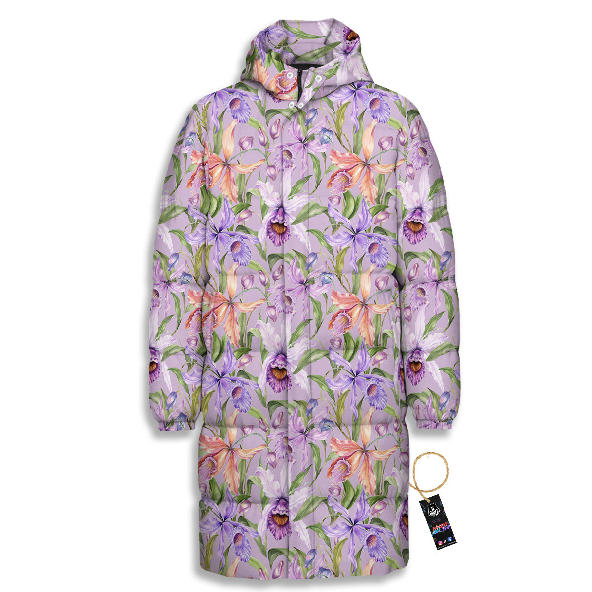 Cattleya Colorful Watercolor Print Long Down Jacket