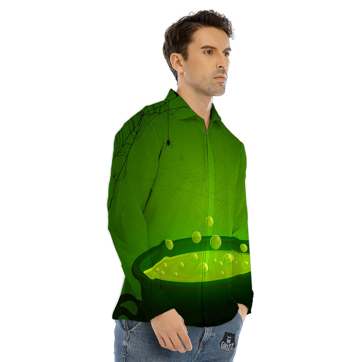 Cauldron And Witch Halloween Print Men's Dress Shirts-grizzshop