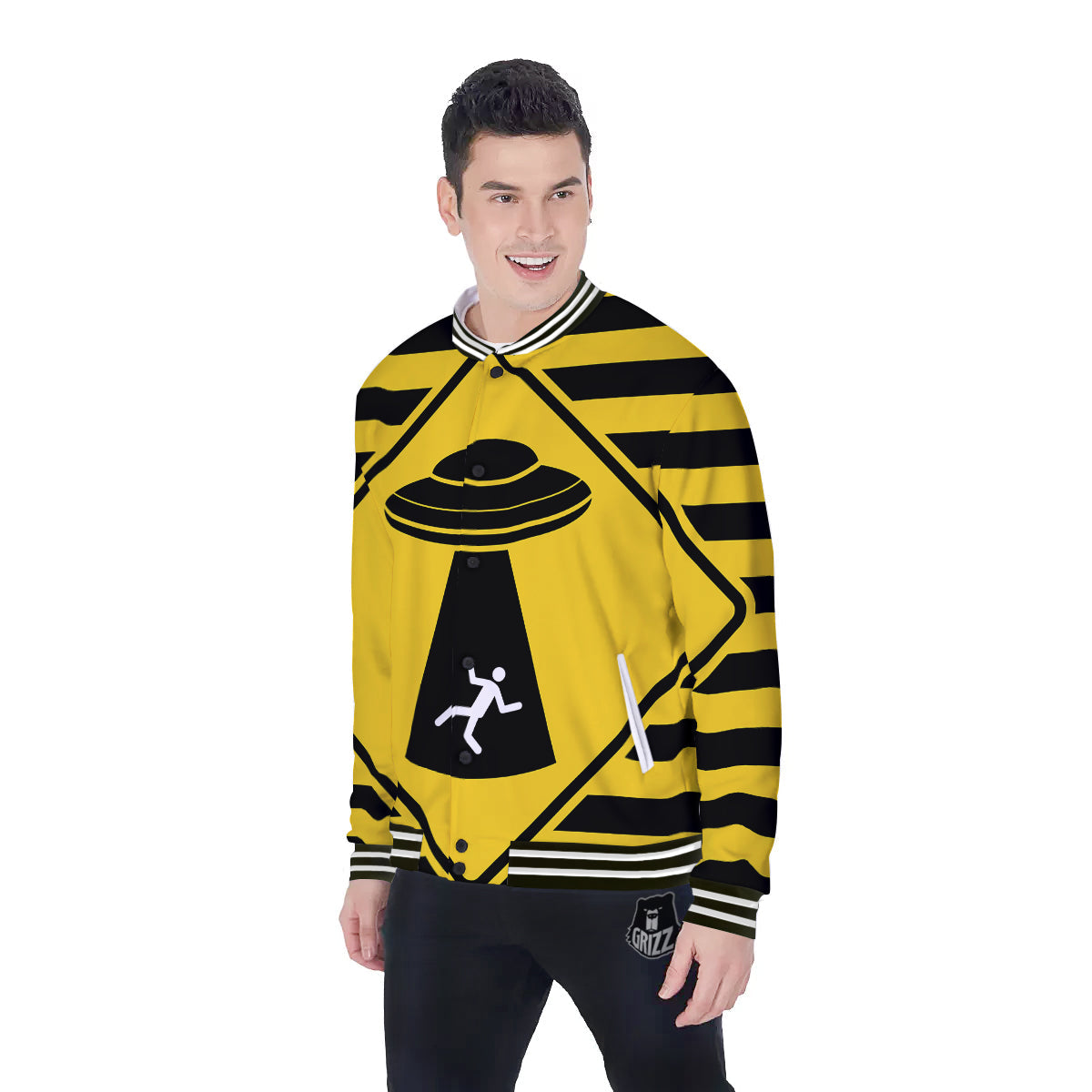 Caution Alien Abduction Warning Sign Print Baseball Jacket-grizzshop