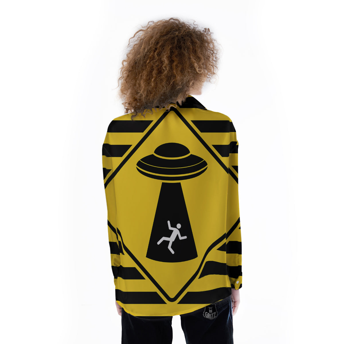 Caution Alien Abduction Warning Sign Print Women's Long Sleeve Shirts-grizzshop