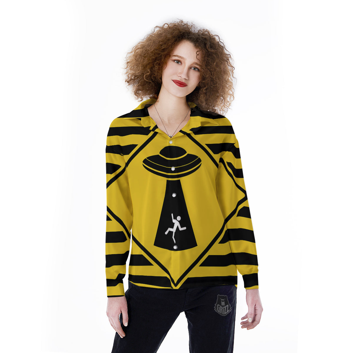 Caution Alien Abduction Warning Sign Print Women's Long Sleeve Shirts-grizzshop