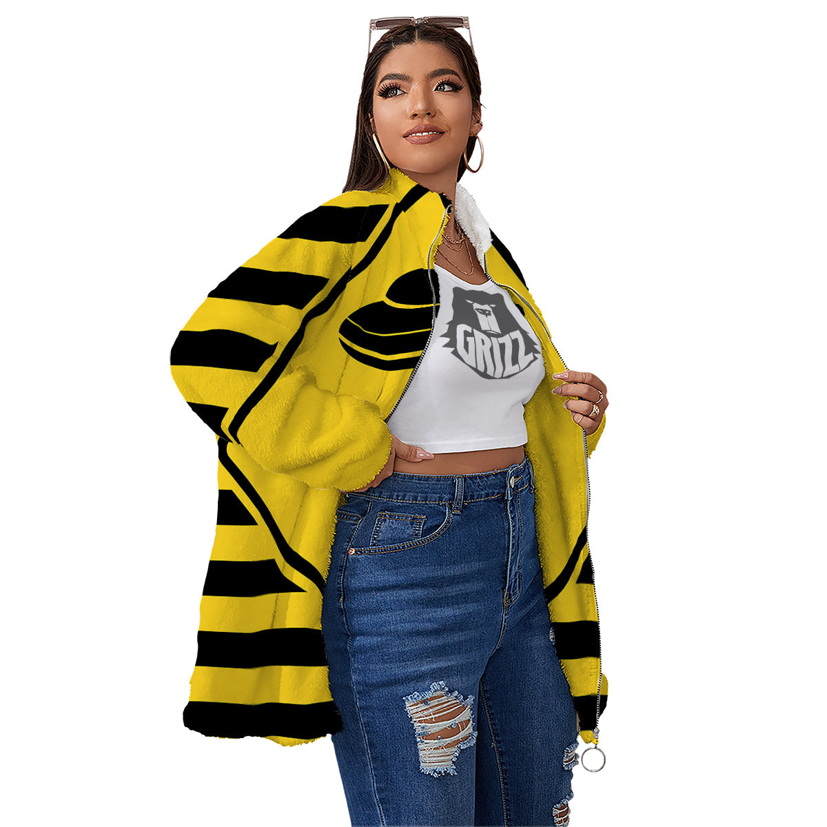 Caution Alien Abduction Warning Sign Print Women's Sherpa Jacket-grizzshop