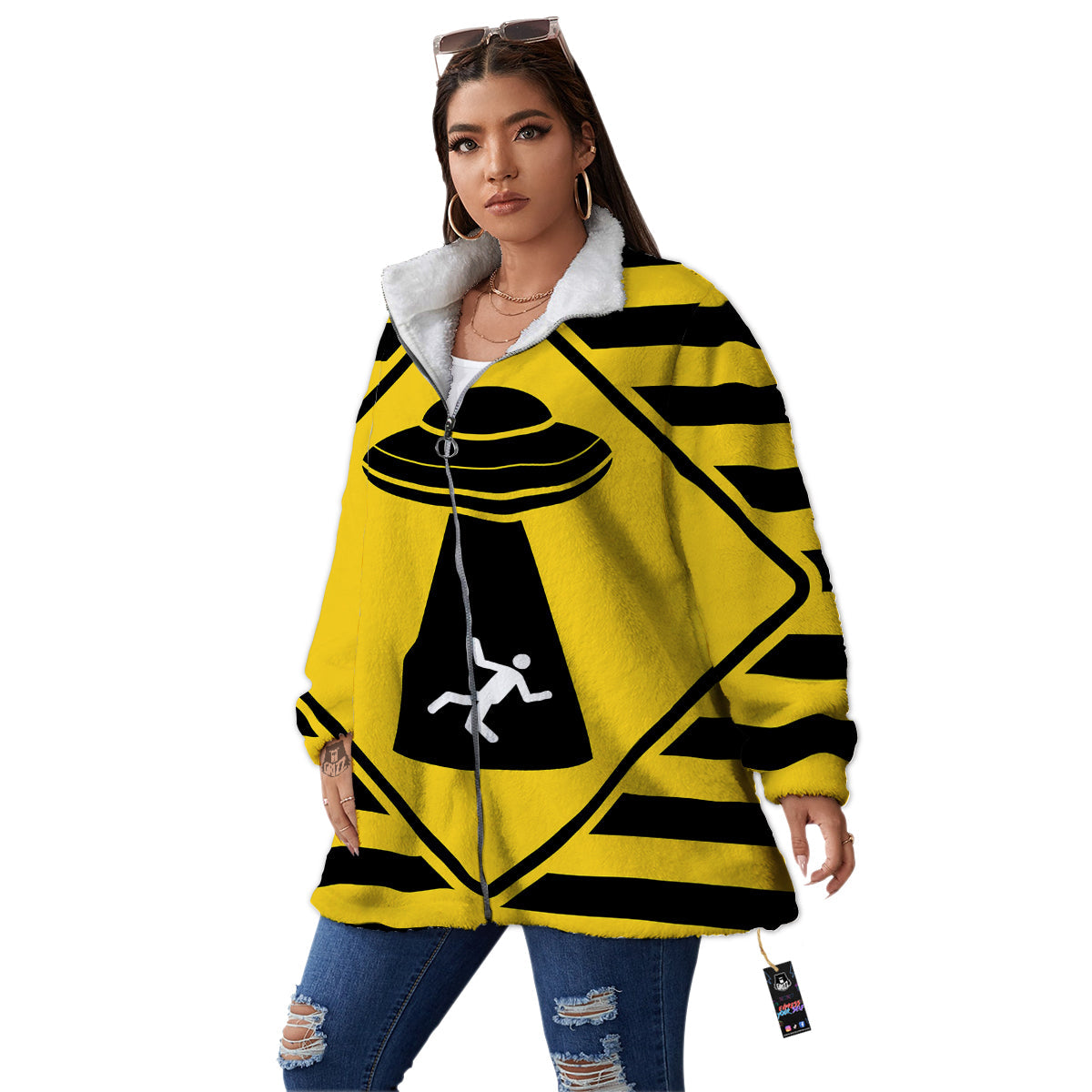 Caution Alien Abduction Warning Sign Print Women's Sherpa Jacket-grizzshop