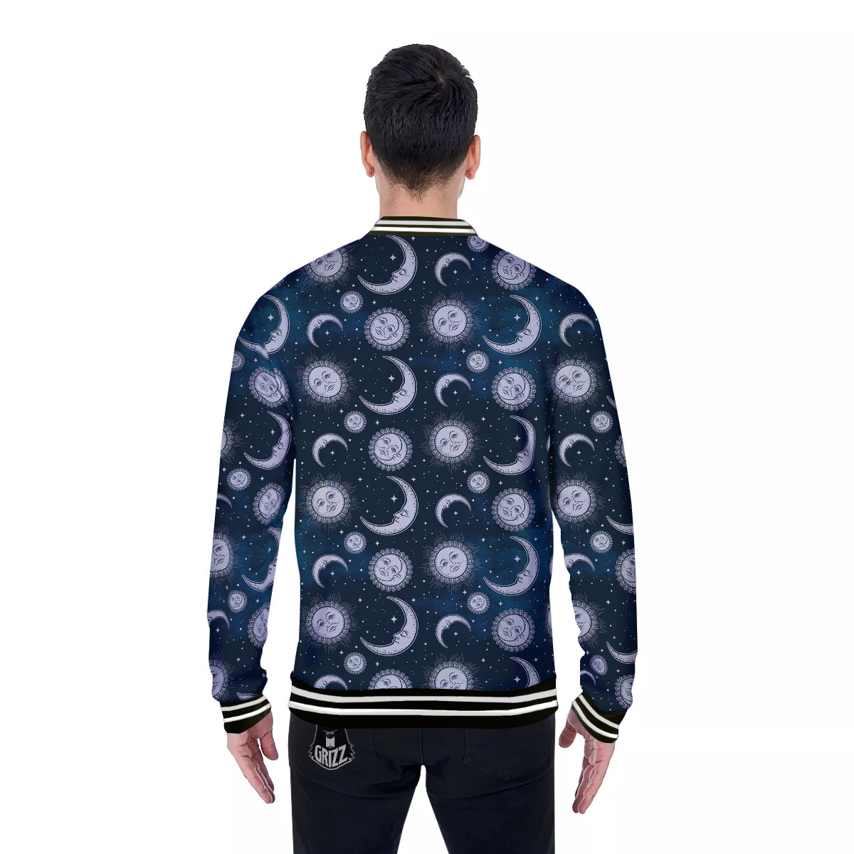 Celestial Blue And White Print Pattern Baseball Jacket-grizzshop