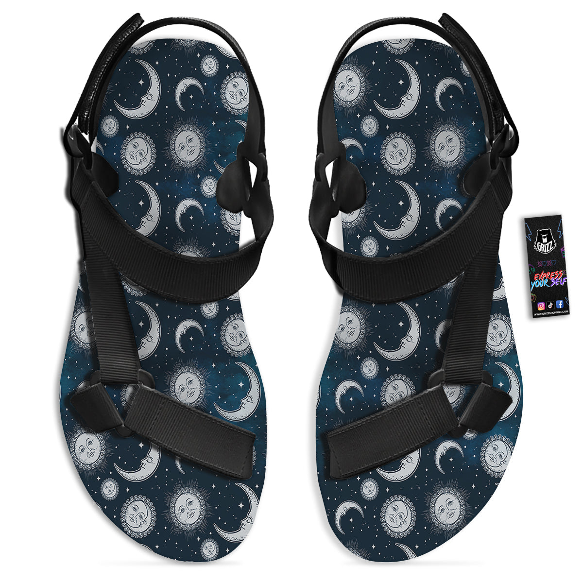Celestial Blue And White Print Pattern Black Open Toe Sandals-grizzshop