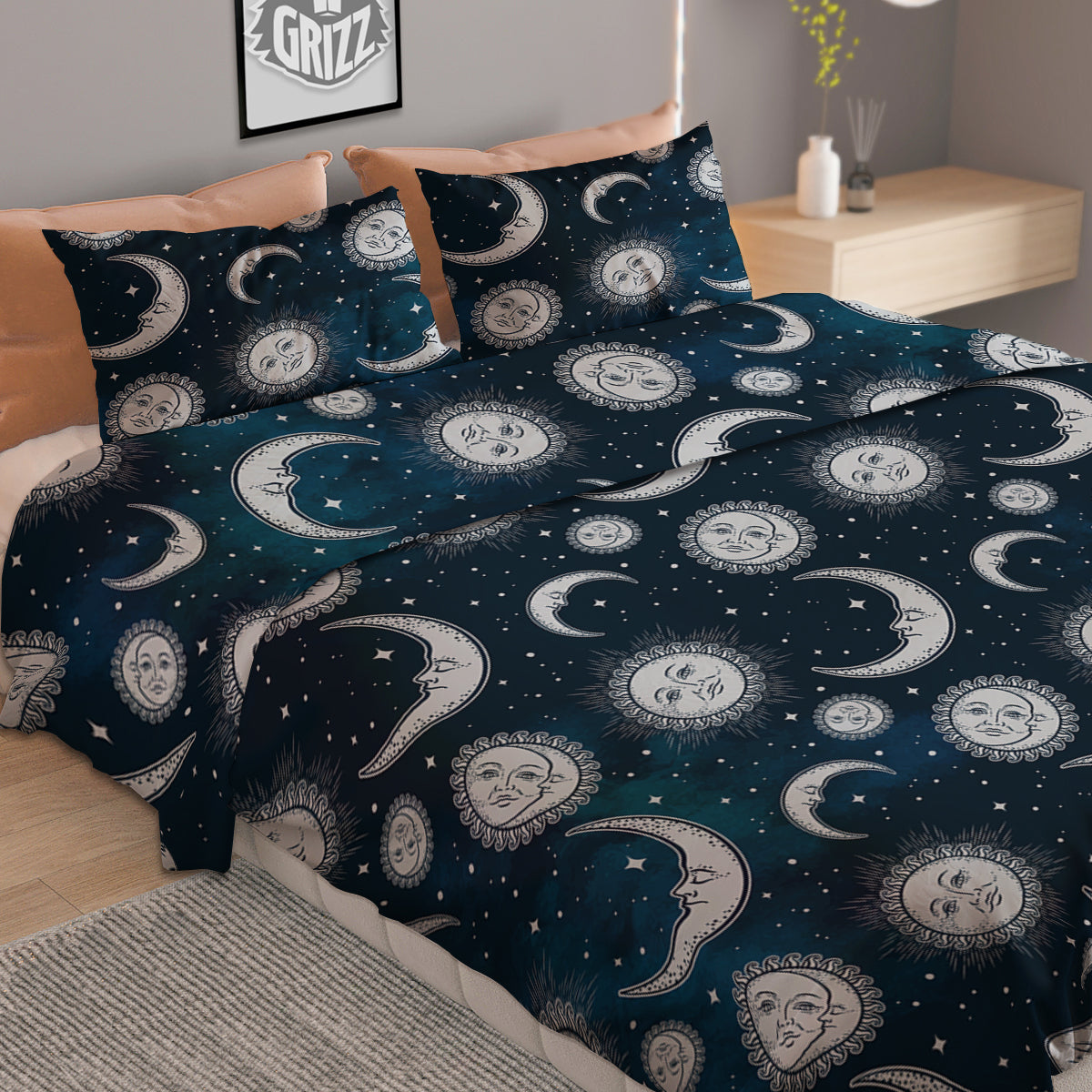 Celestial Blue And White Print Pattern Duvet Cover Bedding Set