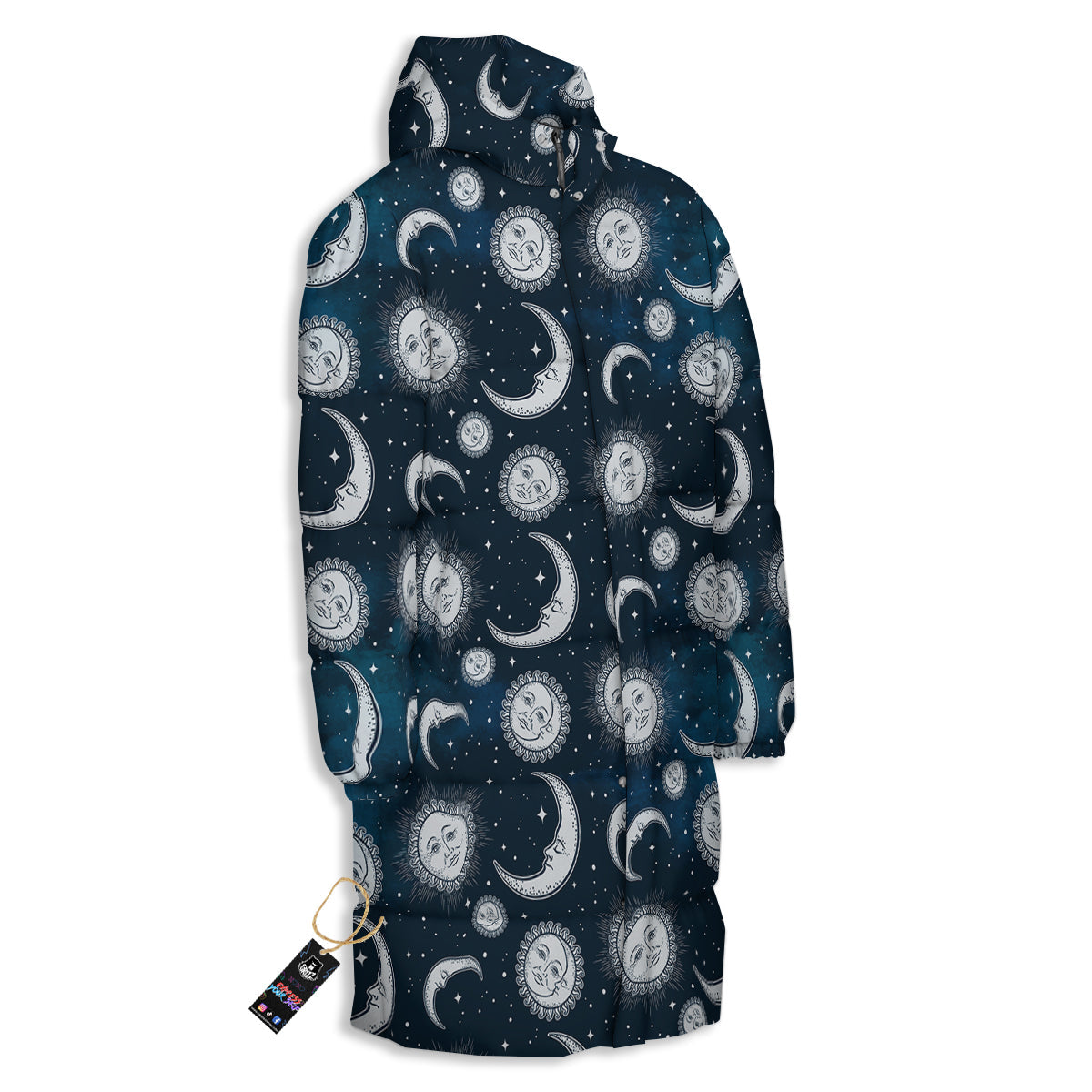 Celestial Blue And White Print Pattern Long Down Jacket-grizzshop